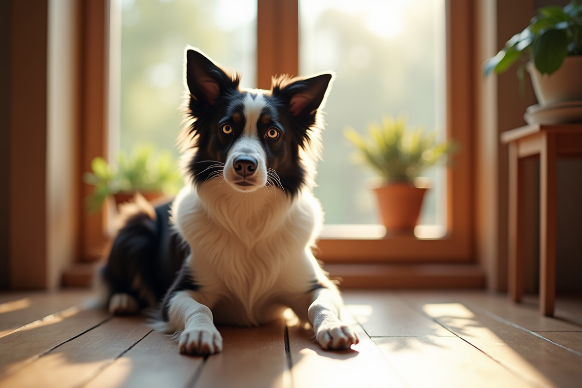 Chien croisé Border Collie et Australian Shepherd assis à l