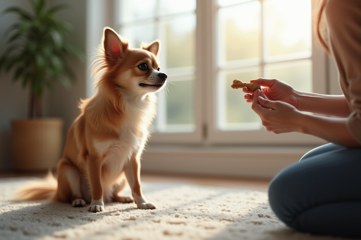 Chihuahua à poil long assis dans un salon lumineux
