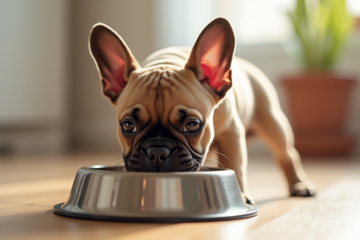 Chiot bulldog francais mangeant dans une cuisine lumineuse