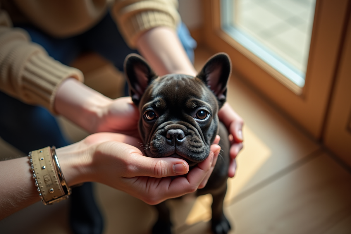 Jeune chiot bulldog francais nourri à la main en intérieur