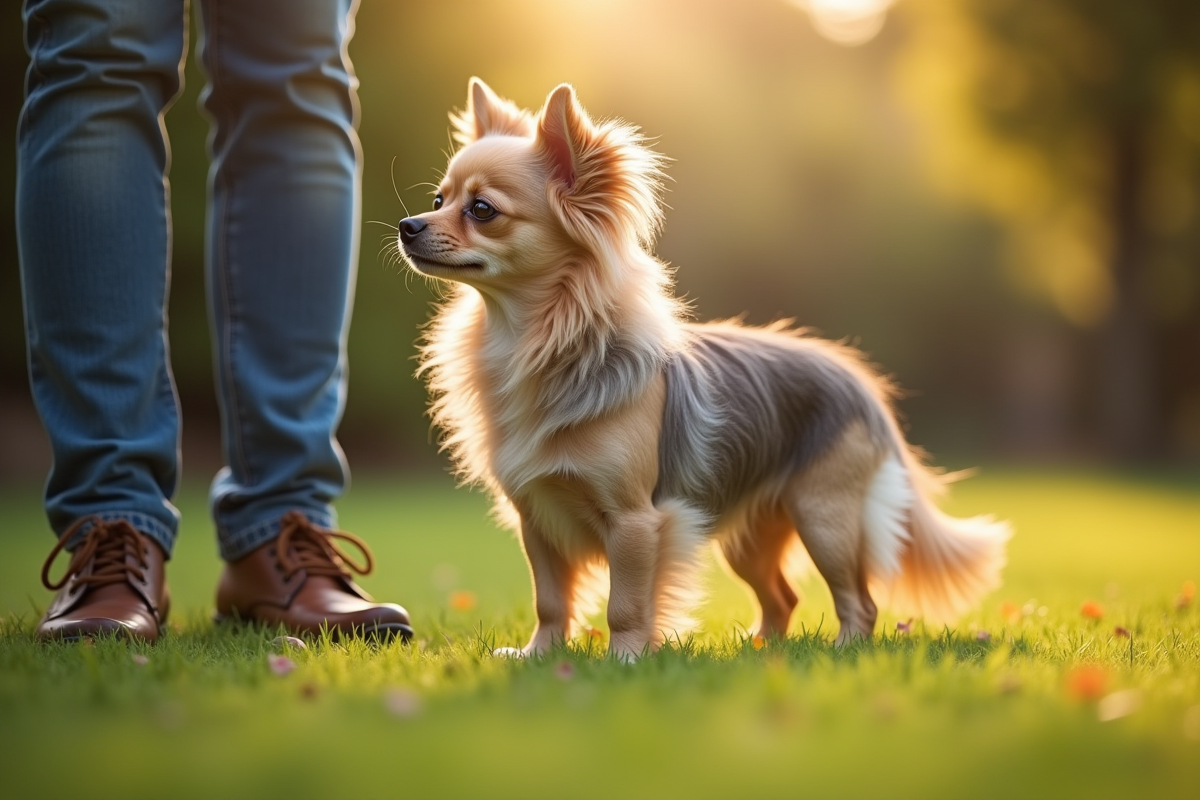 Chihuahua en entraînement dans un jardin ensoleille