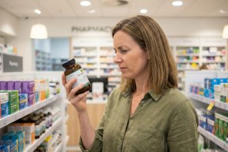 Femme lisant l'étiquette d'un complément alimentaire dans une pharmacie, comparant les ingrédients pour faire un choix économique et éclairé