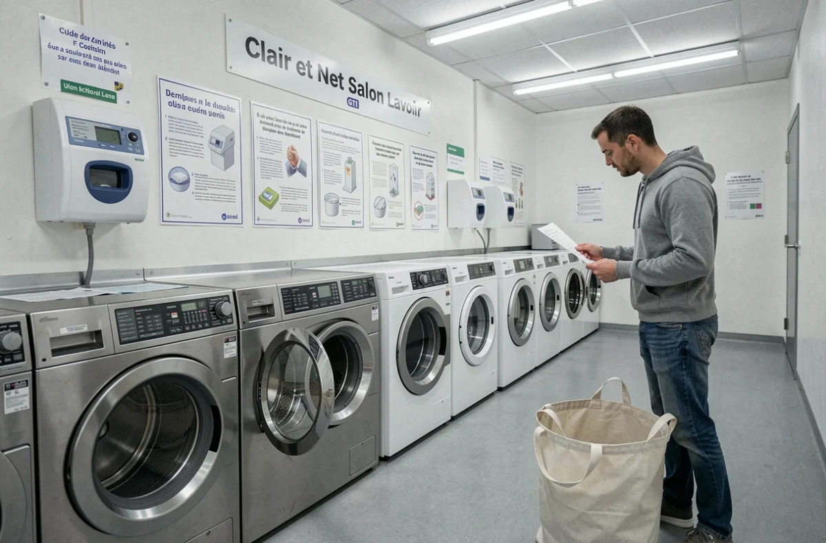 Client lisant les instructions d'une machine à laver dans la laverie automatique Clair et Net GTI à Arras