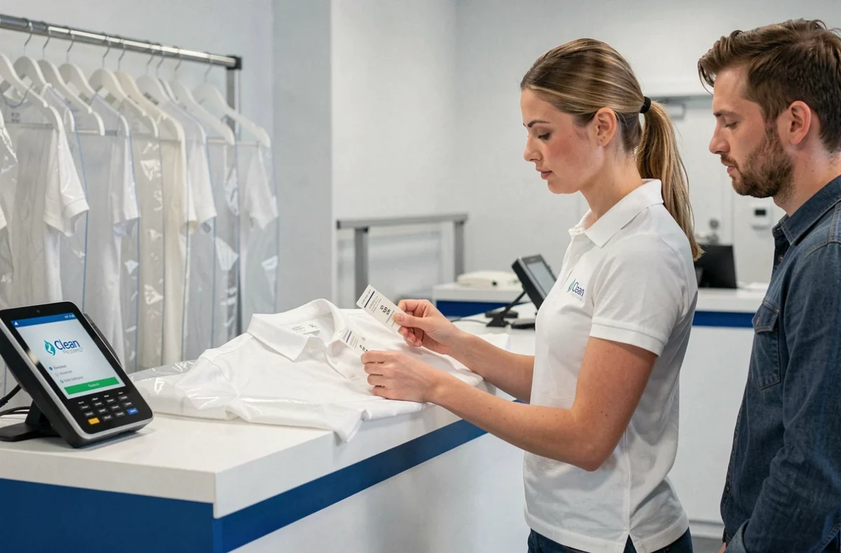 Comptoir d'accueil du Clean Pressing à Lille avec des vêtements étiquetés et une employée professionnelle