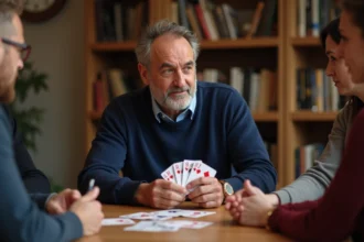 Groupe d'amis jouant à la coinche autour d'une table en bois avec des cartes françaises et des feuilles de score