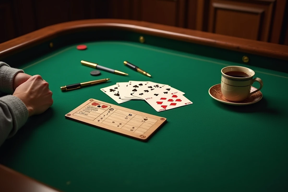 Vue aérienne de cartes à jouer étalées sur un tapis vert avec une feuille de score de coinche et un stylo