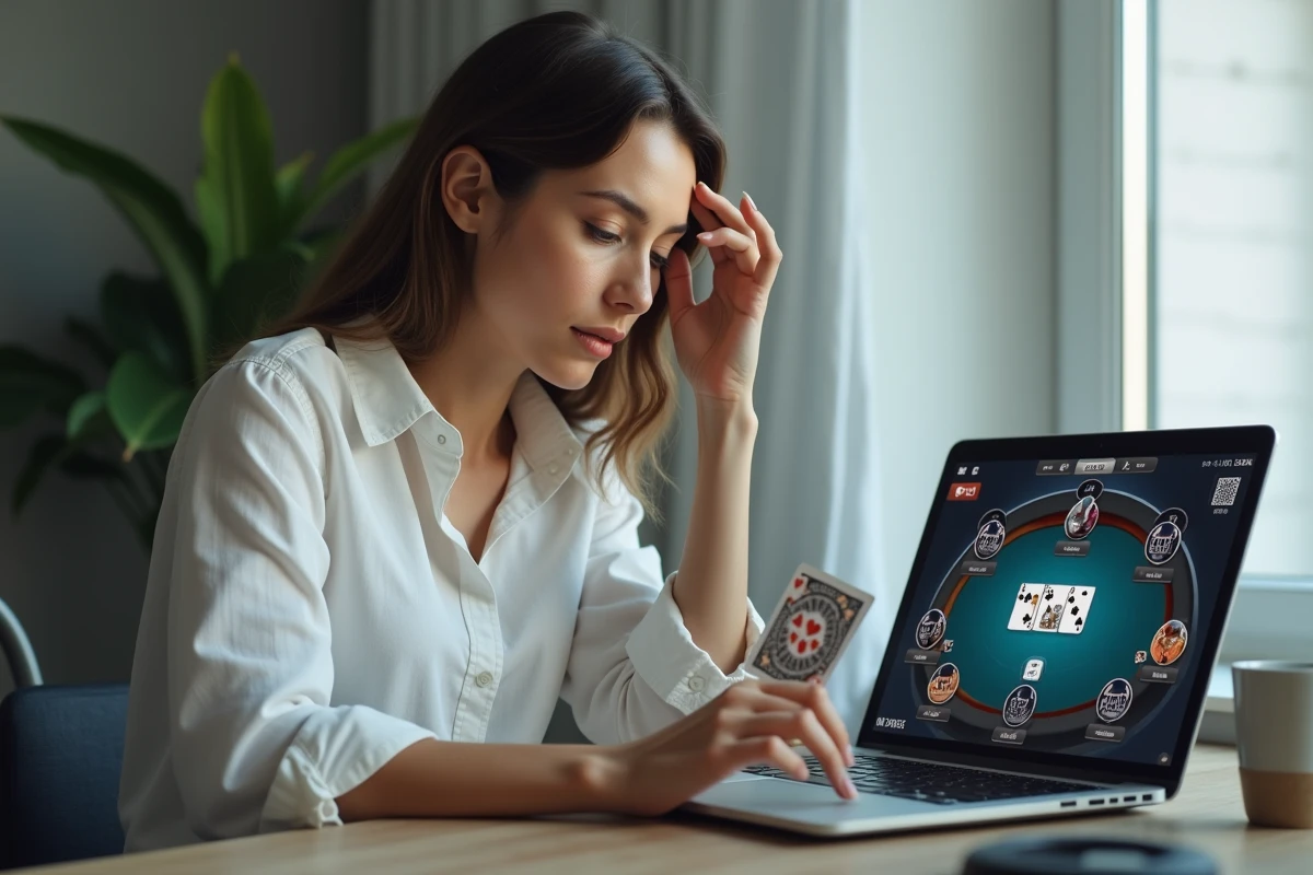 Femme concentrée jouant à la coinche en ligne sur un ordinateur portable dans un bureau minimaliste