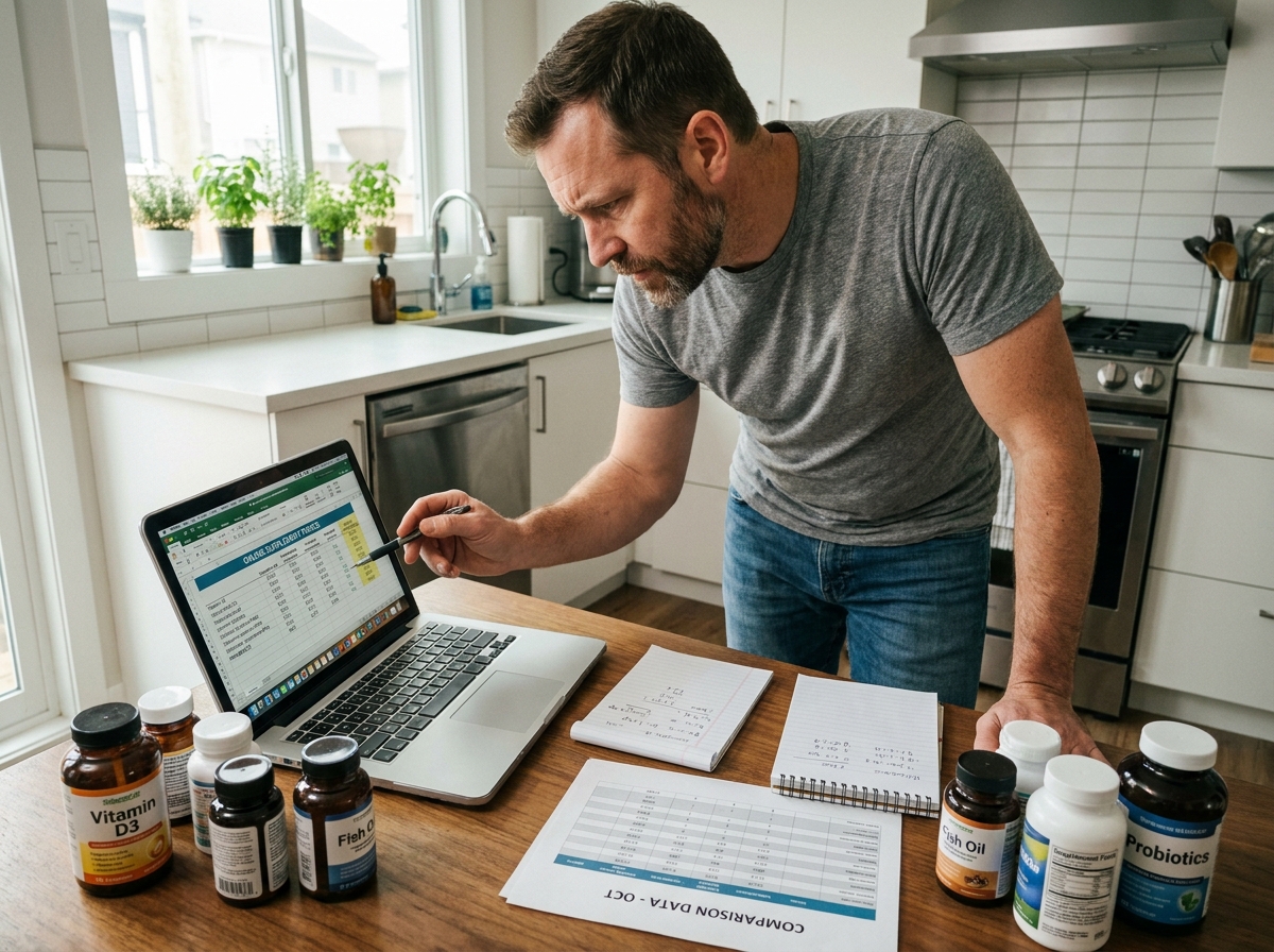 Homme comparant les prix de compléments alimentaires en ligne depuis sa cuisine, entouré de produits et de notes pour optimiser son budget santé