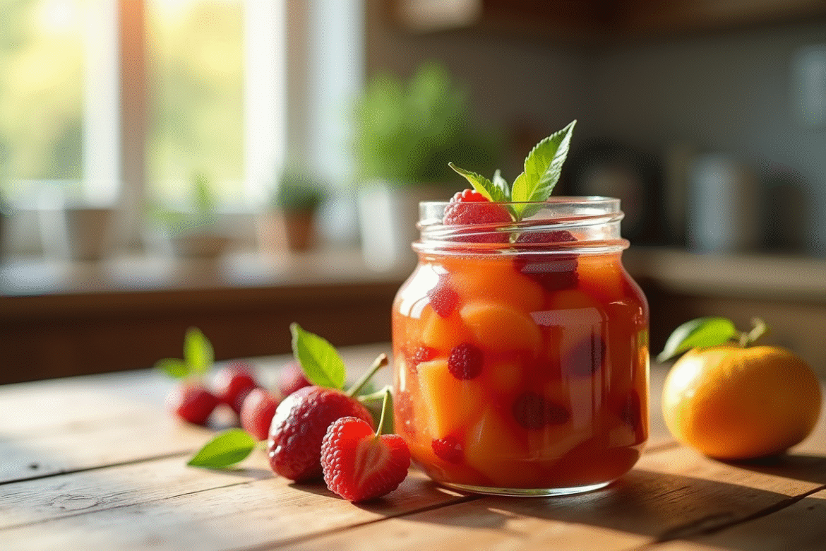 Pot de confiture de fruits maison sur une table en bois
