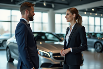 Consultant en vente de voiture dans un showroom moderne