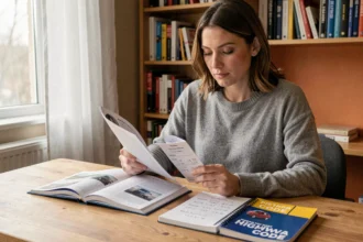 Femme étudiant la conversion de vitesse 30 mph en km/h avec le code de la route français et britannique posés sur un bureau en bois