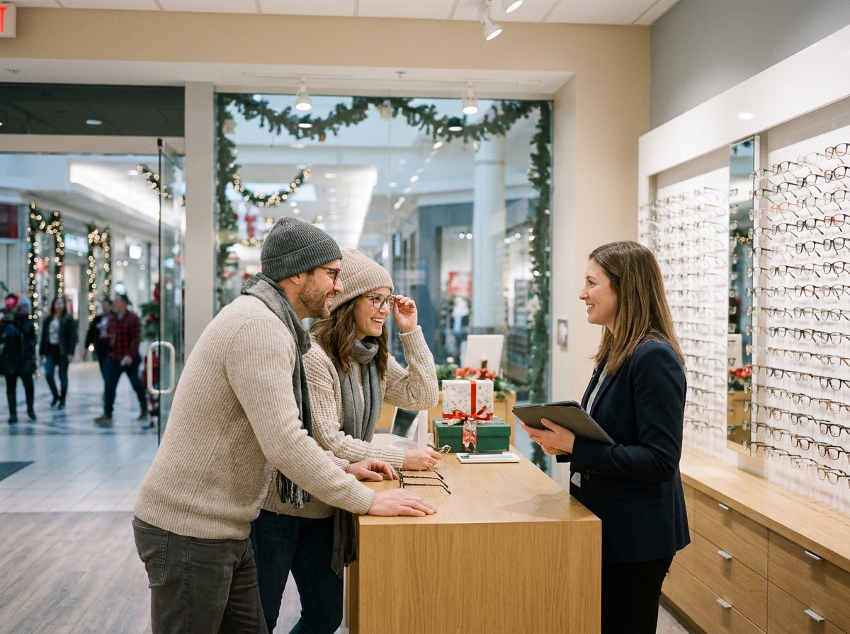 Couple choisissant des lunettes en cadeau de Noël dans un magasin d'optique de centre commercial