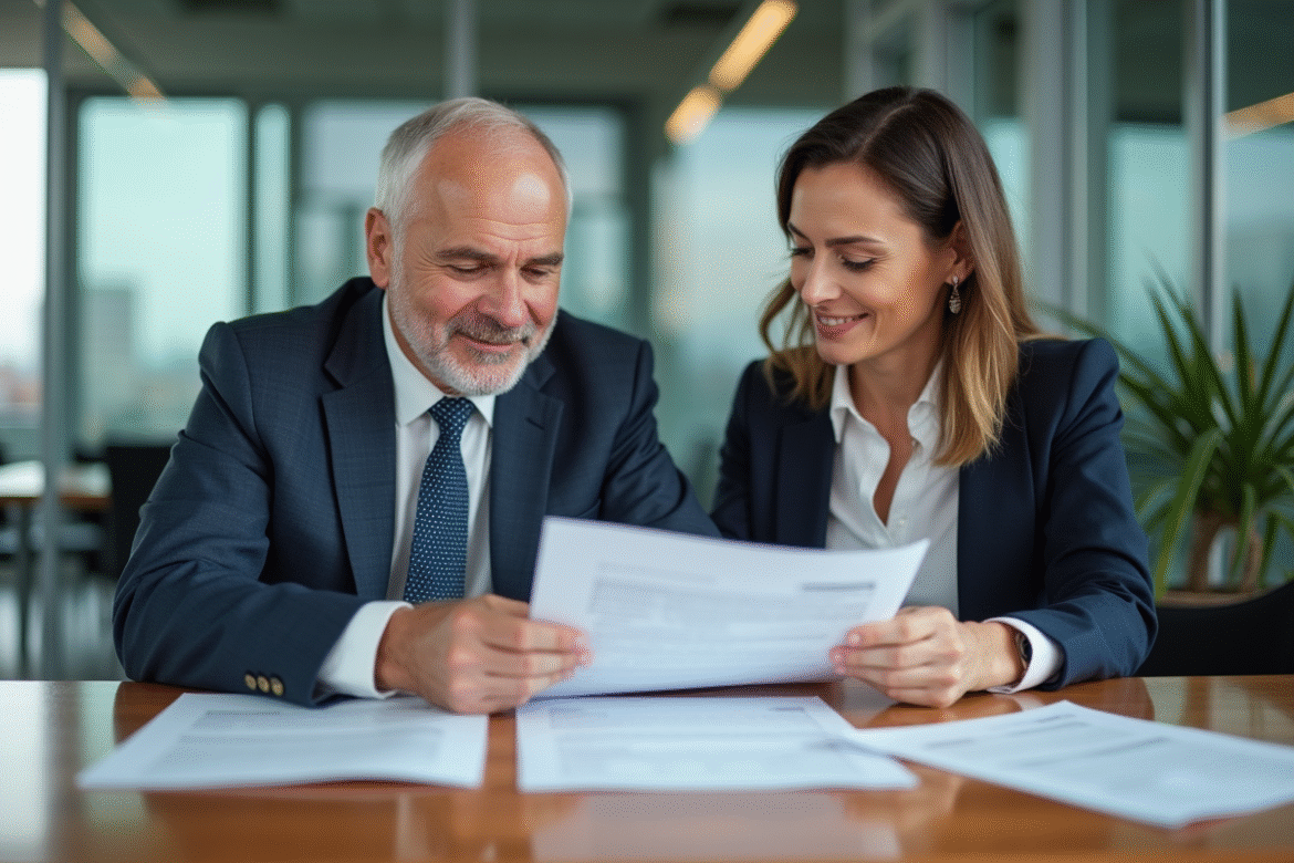 Couple d'adultes en réunion immobiliere dans un bureau moderne