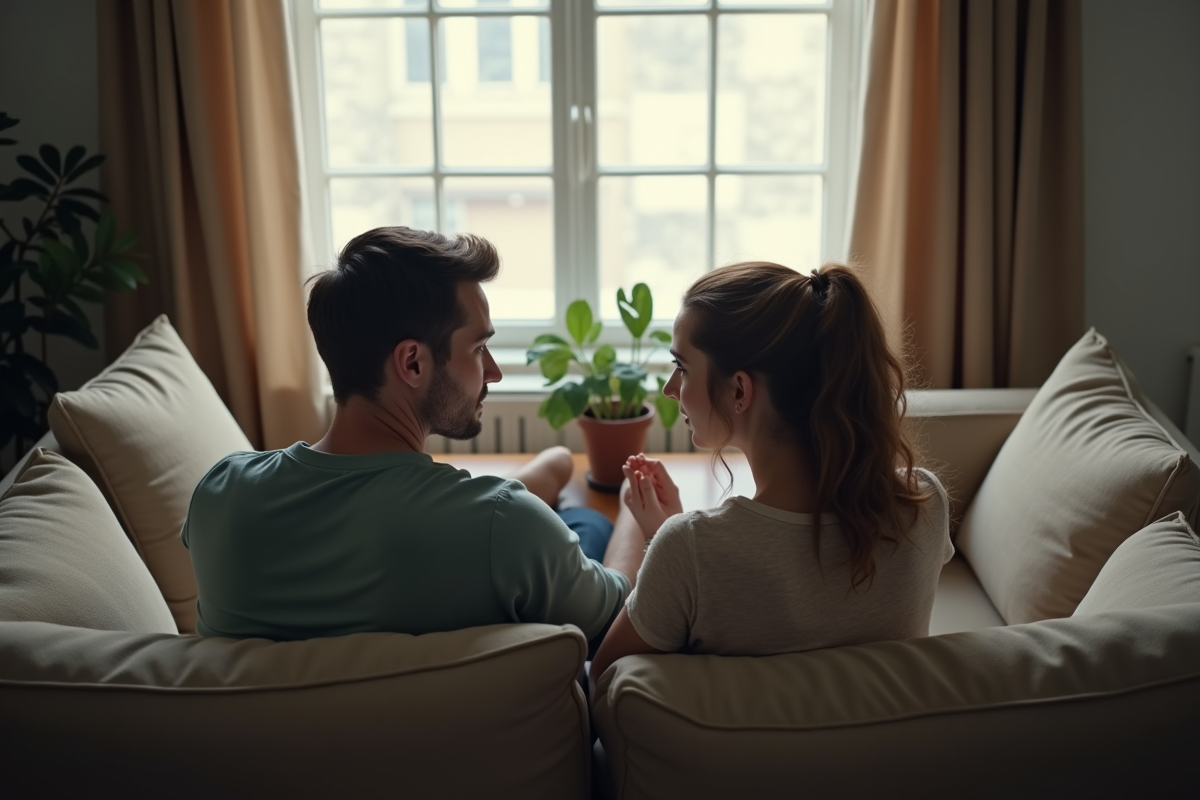 Couple marié assis sur le canapé dans le salon