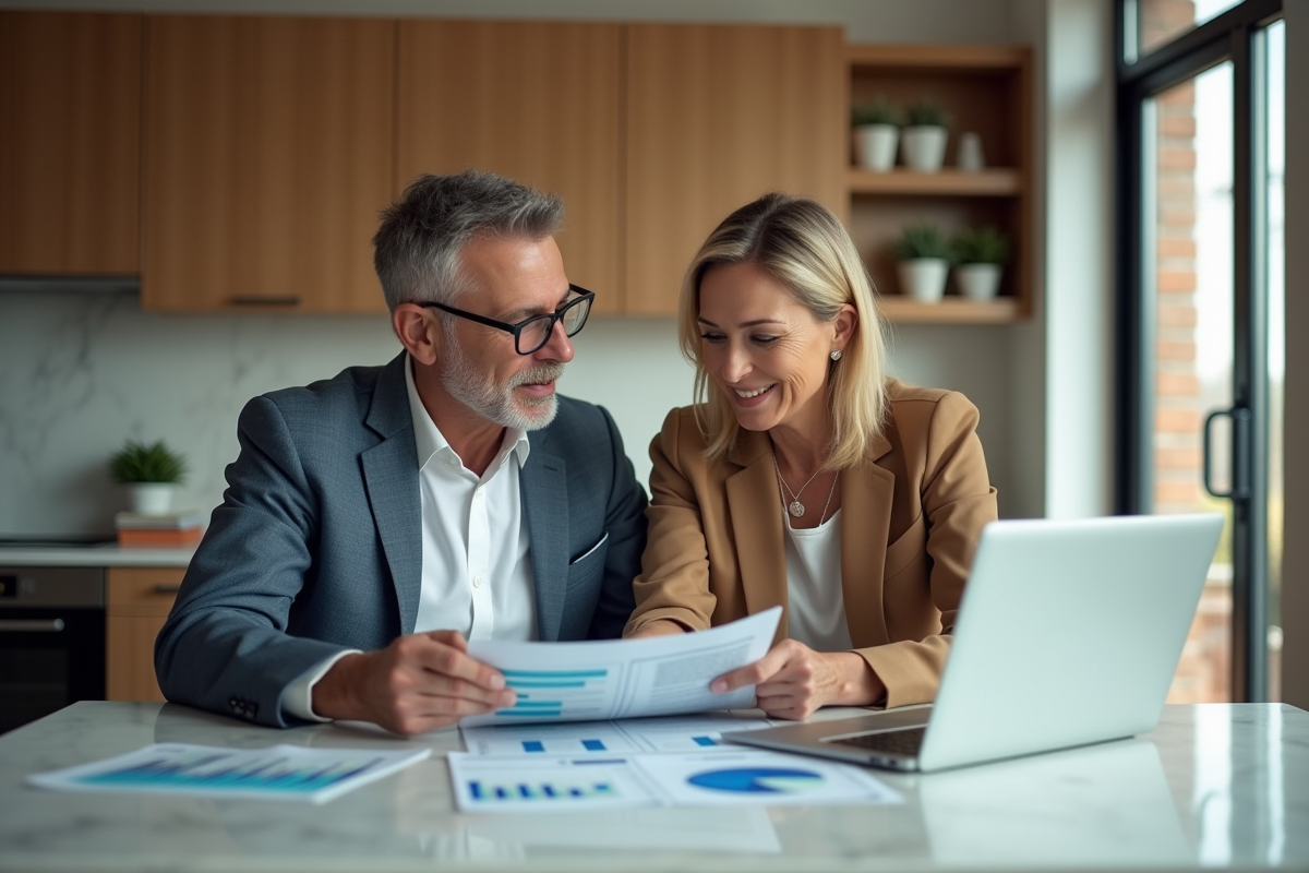 Couple discutant de finances à la maison avec documents et ordinateur