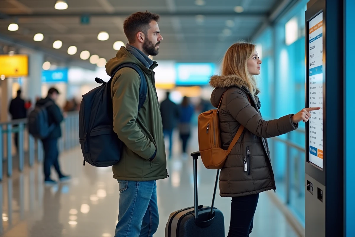 Couple devant un kiosque d'enregistrement examinant des offres de vols de dernière minute dans un aéroport