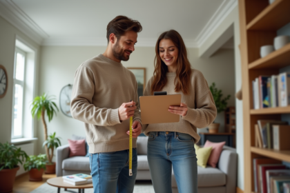 Jeune couple dans un appartement moderne mesurant un salon