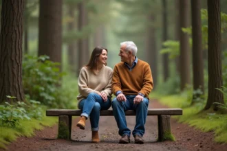 Couple assis sur un banc en forêt avec sourires chaleureux