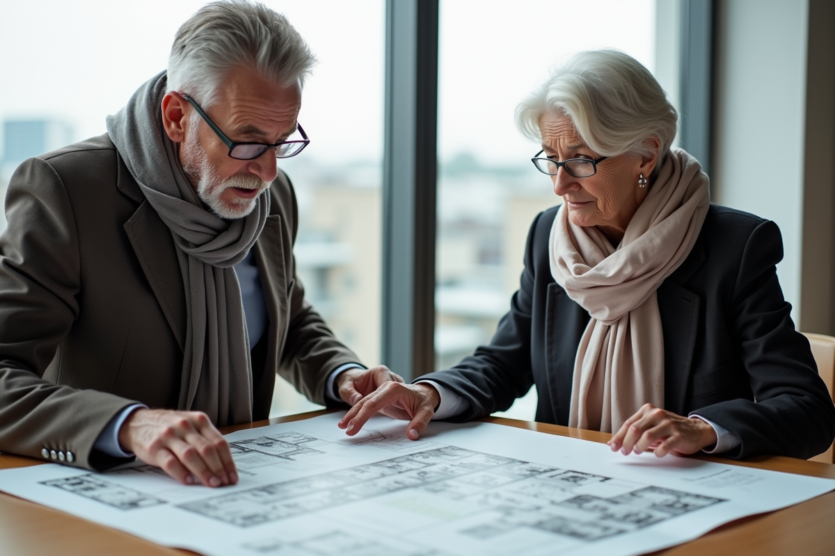 Couple retraité étudiant des plans d