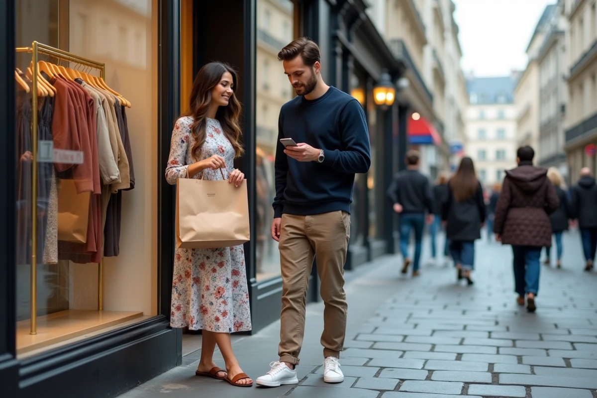 Couple sortant d'une boutique OVS Paris avec des sacs shopping, ambiance rue parisienne