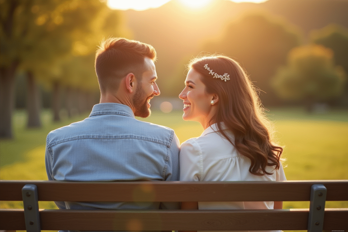 Couple marié souriant sur un banc en plein air