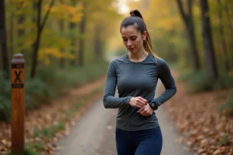 Coureuse regardant sa montre GPS sur un sentier forestier avec des bornes kilométriques et en miles visibles en arrière-plan