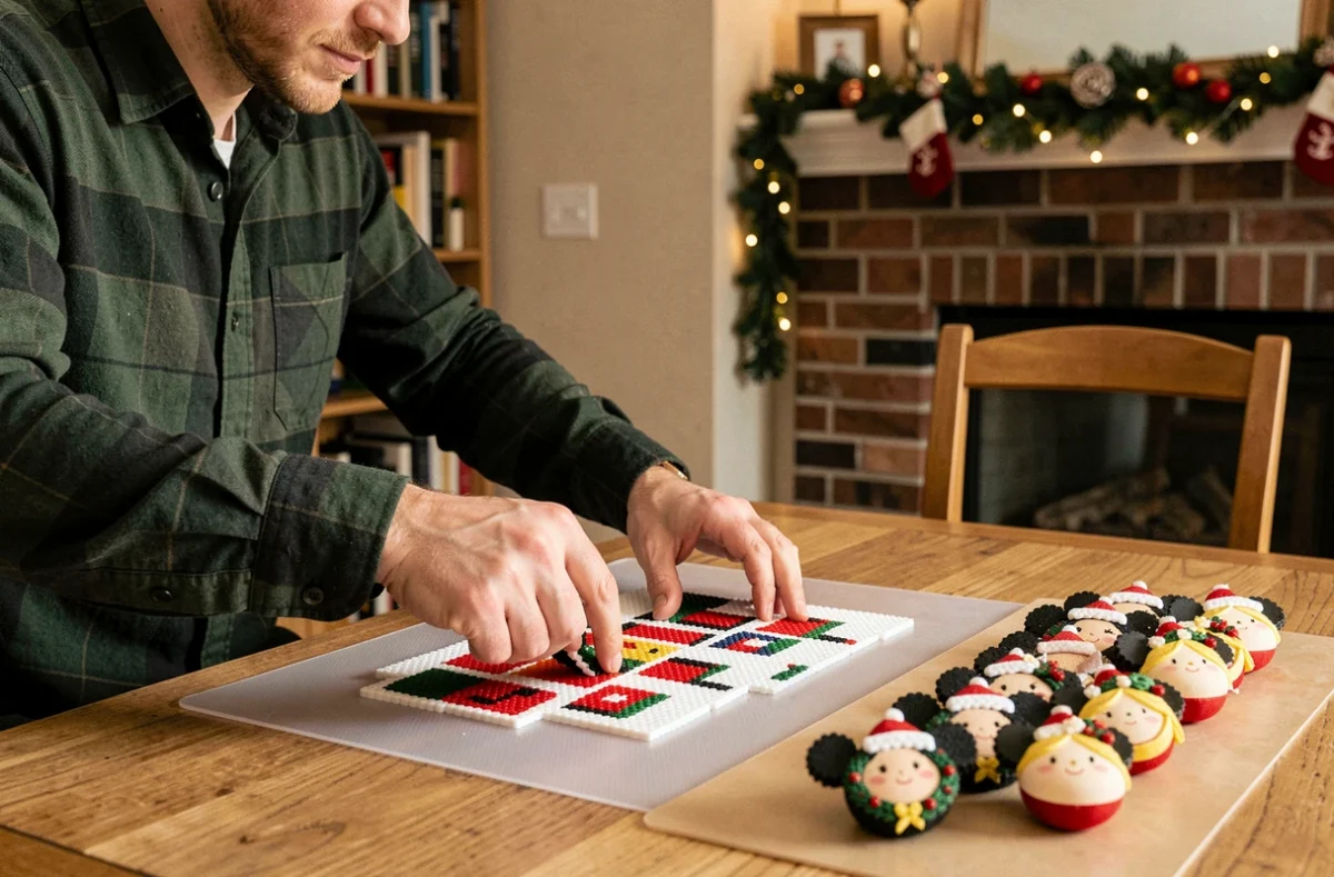 Homme assemblant des décorations pixel art kawaii Disney en perles thermocollantes pour Noël