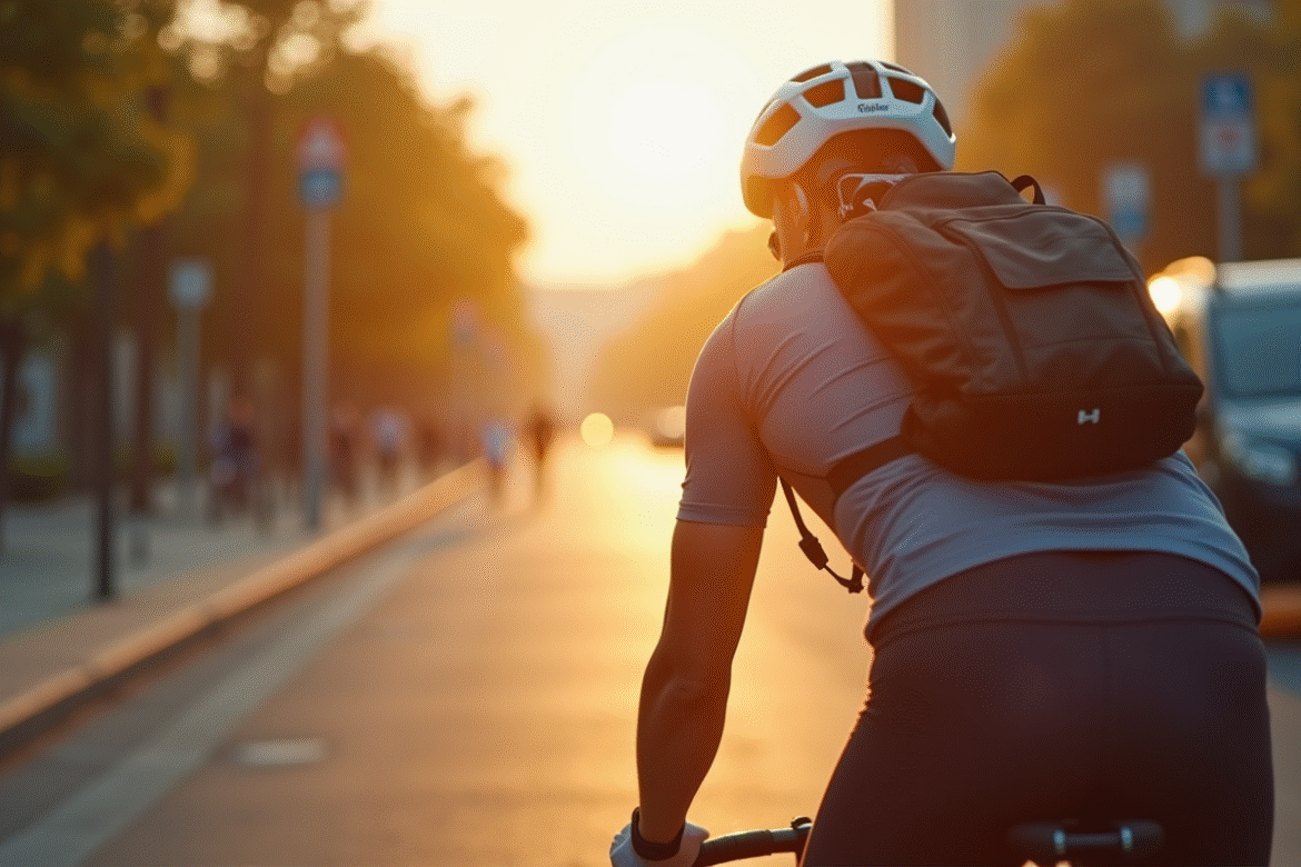 Cycliste portant casque et ecouteurs modernes en ville