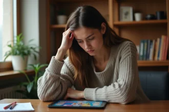 Jeune femme débutante apprenant le Club des Magnats sur Monopoly Go depuis sa tablette à son bureau à domicile