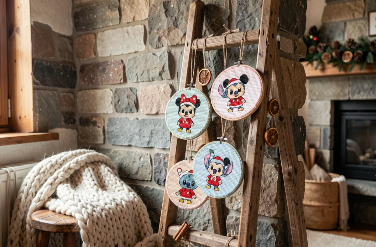 Décorations de Noël pixel art kawaii Disney faites main suspendues à une échelle rustique dans un chalet