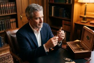 Homme élégant inspectant un cigare premium Habano devant un humidor en cèdre ouvert sur un bureau en acajou
