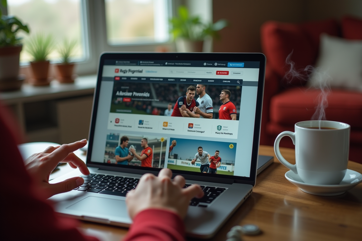 Mains utilisant un ordinateur portable avec forum rugby