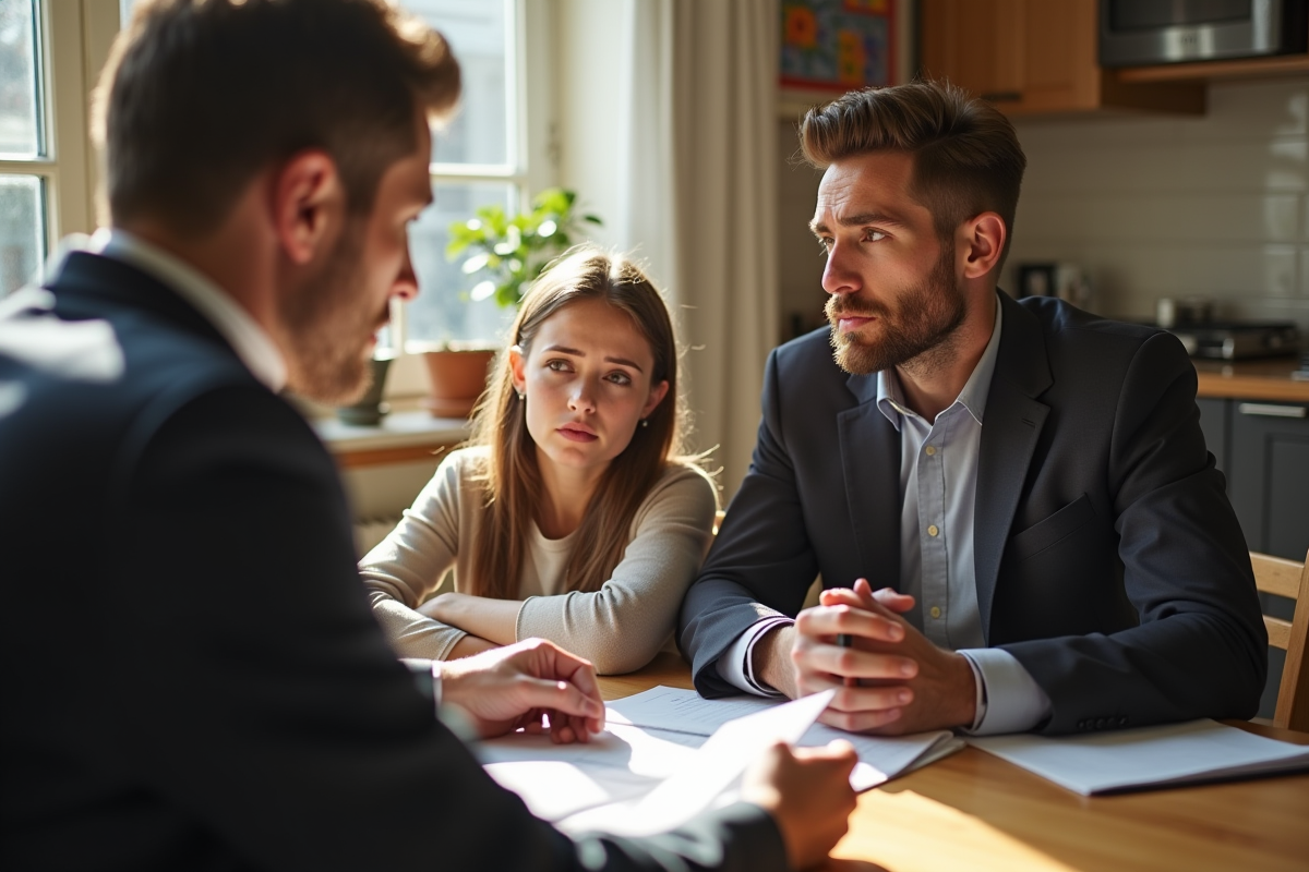 Couple inquiet lisant des documents immobiliers à la maison