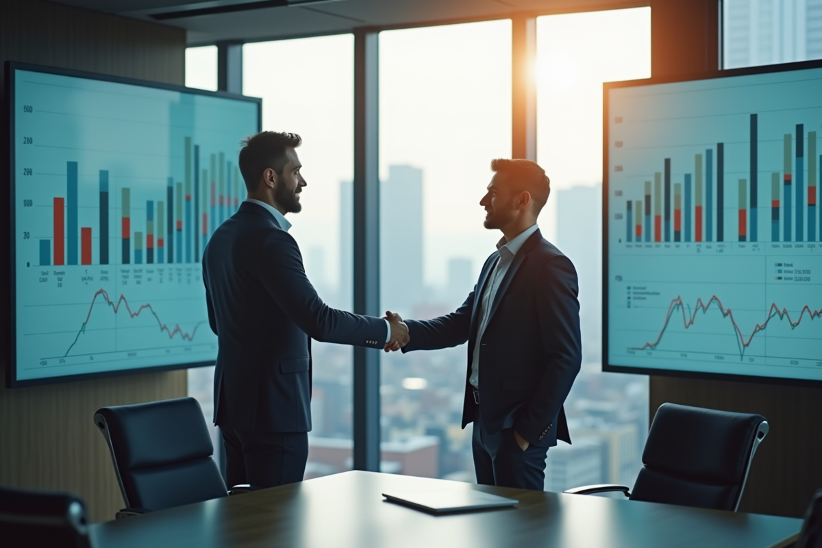 Deux professionnels se serrant la main dans un bureau moderne