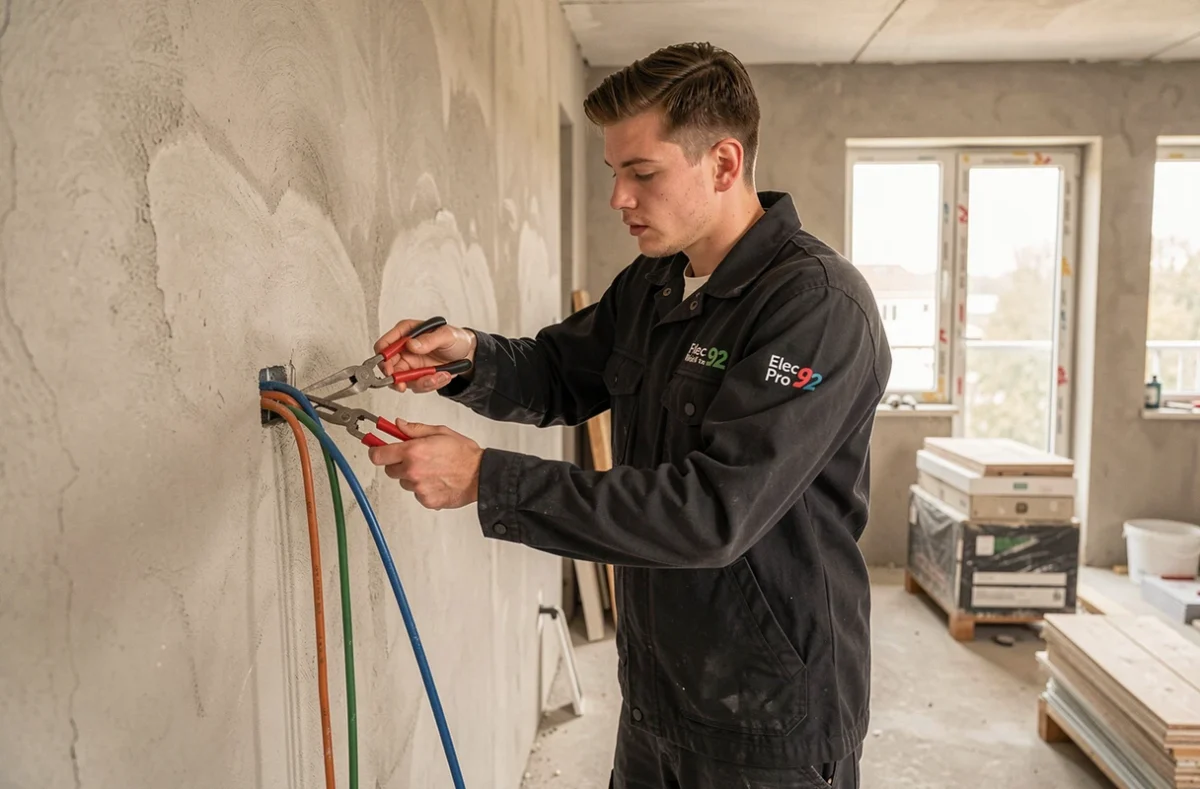 Électricien Elec Pro 92 tirant des câbles dans une cloison lors d'une construction neuve à Boulogne-Billancourt