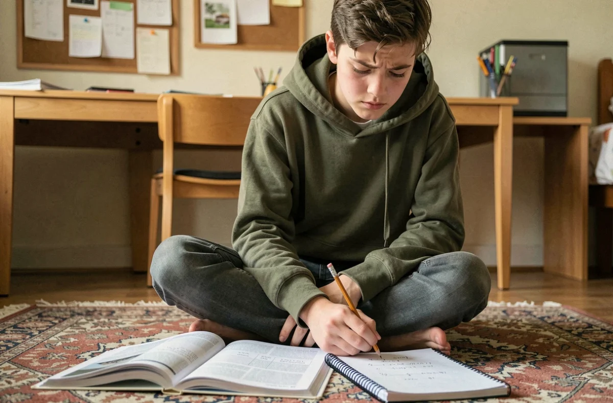 Élève adolescent révisant la conversion des mètres carrés en centimètres carrés avec un manuel de mathématiques et un cahier d'exercices