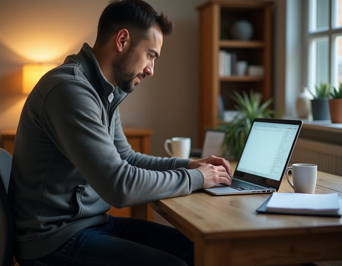 Homme rédigeant un email au service client Darty depuis son bureau à domicile pour le SAV