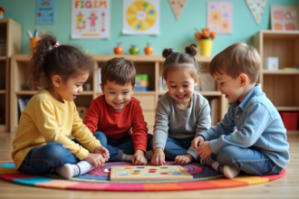 Groupe d'enfants jouant à un jeu coopératif en classe