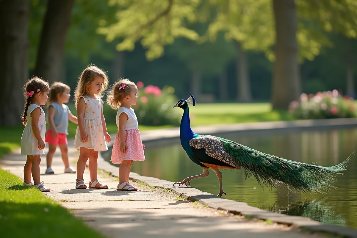 Enfants curieux observant des paons dans le parc de Bagatelle