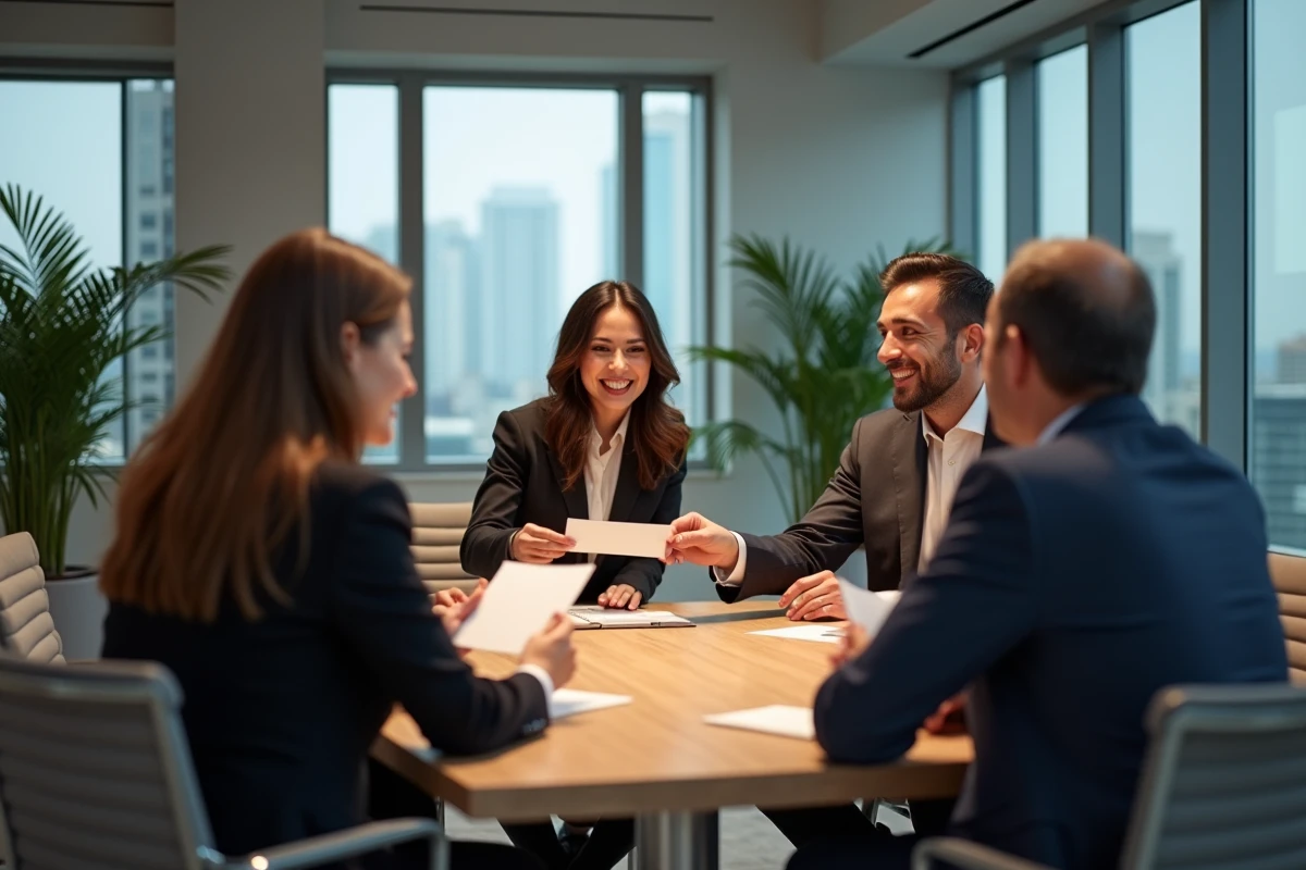 Groupe de professionnels échangeant des cartes de visite dans un bureau moderne