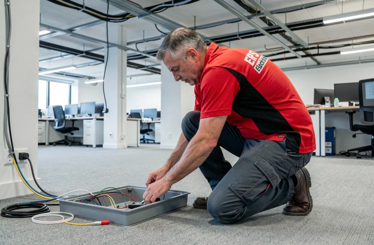 Électricien ERS Électricité connectant des câbles dans un bureau à Boulogne-Billancourt
