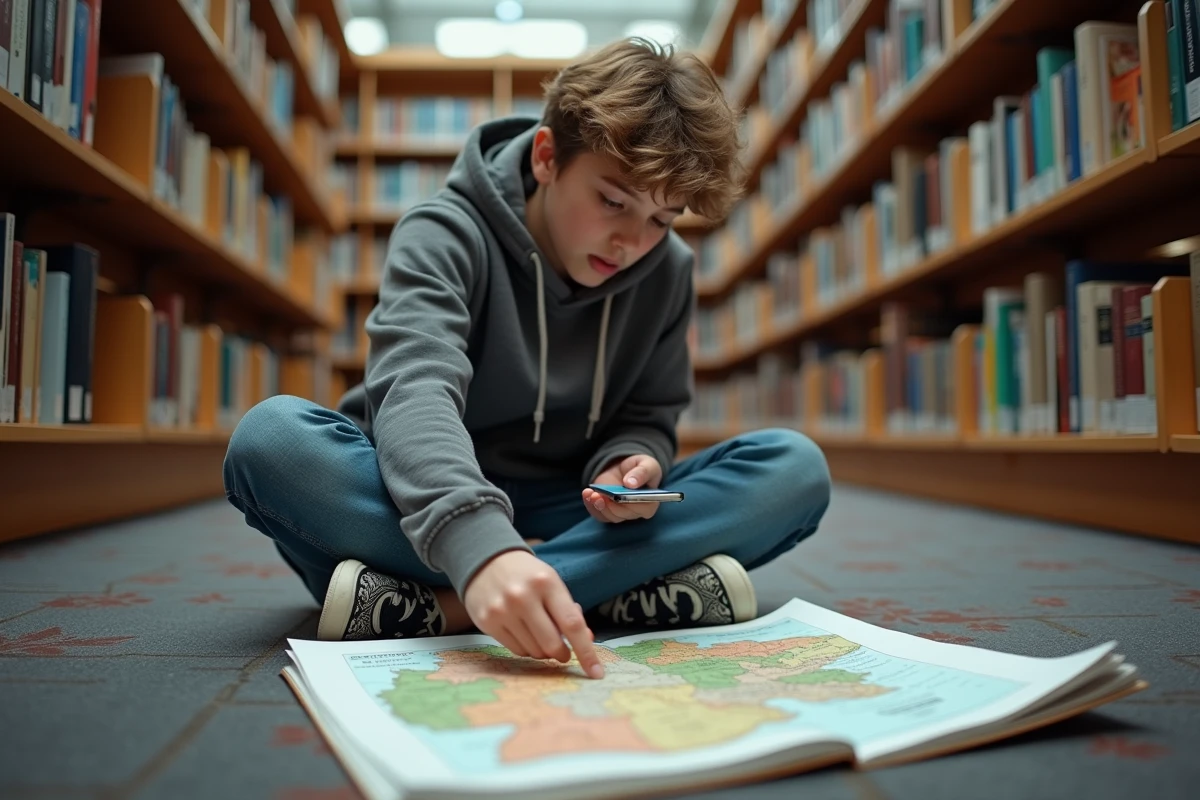 Adolescent comparant une carte papier et une carte interactive des Länder allemands dans une bibliothèque