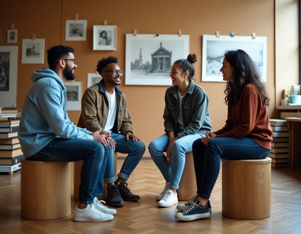 Groupe d'étudiants en art discutant du jugement esthétique lors d'une critique collective dans une école d'art