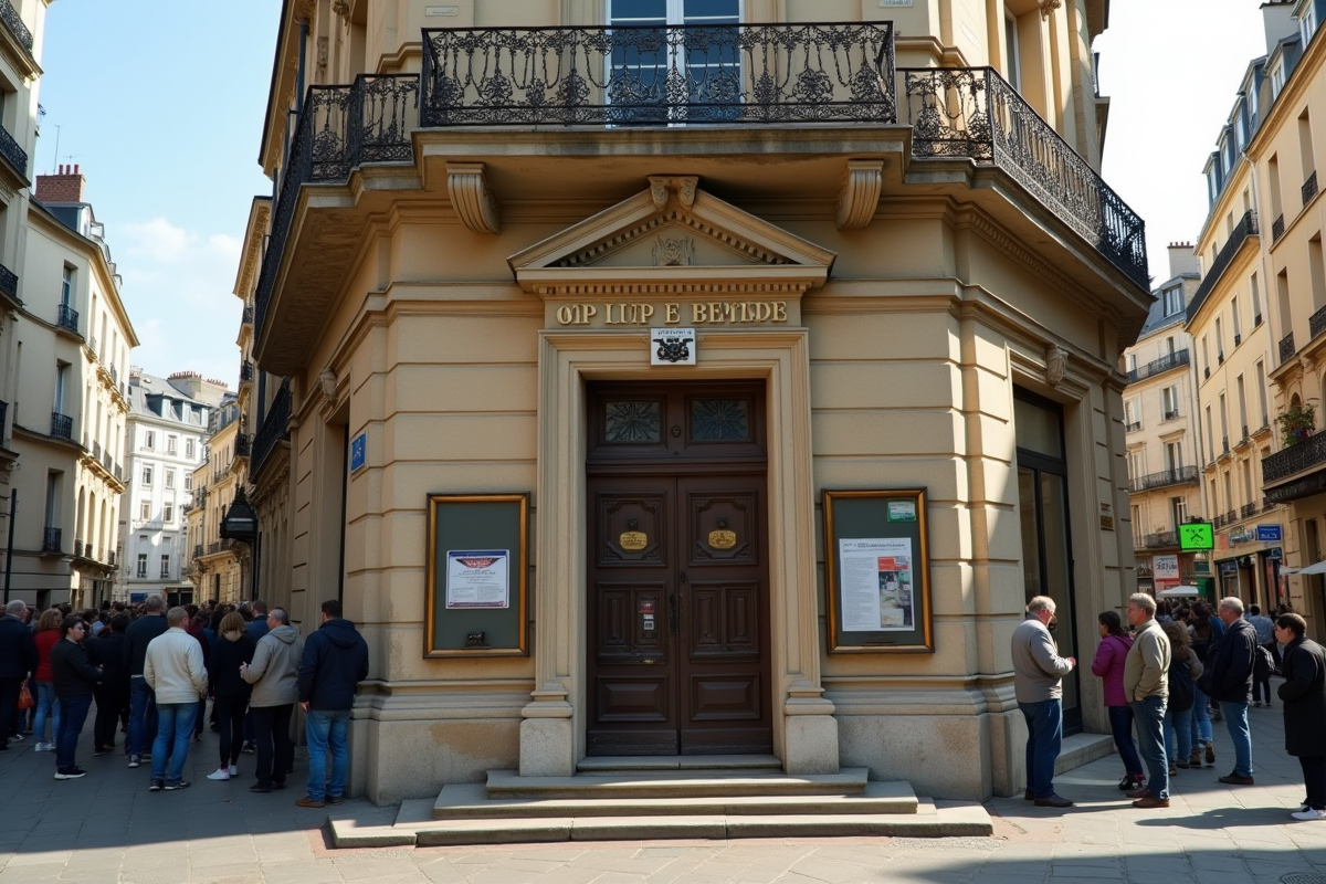 Façade d une banque française ancienne avec clients en file