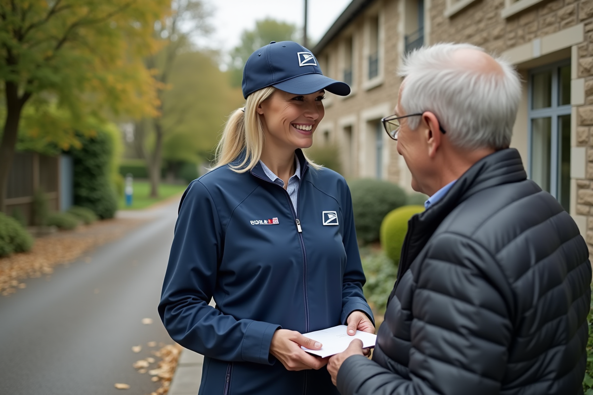 Factrice discutant avec un couple devant une maison