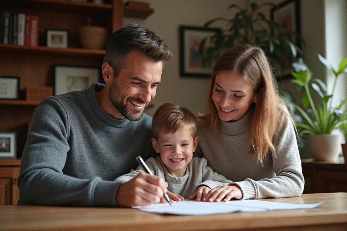 Famille francaise signant un document dans un salon chaleureux