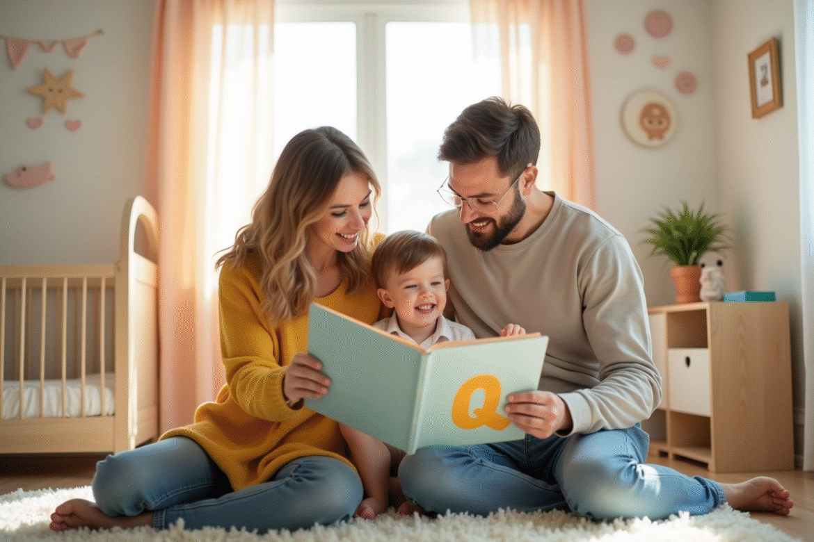 Famille heureuse dans une nurserie lumineuse avec livre sur la lettre Q
