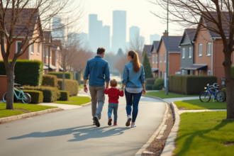 Famille marchant dans une rue résidentielle paisible au printemps