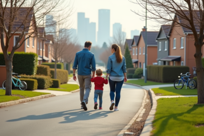 Famille marchant dans une rue résidentielle paisible au printemps