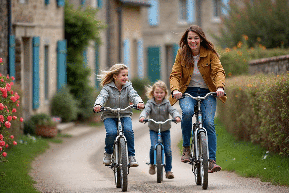 Famille souriante à vélo dans un village français